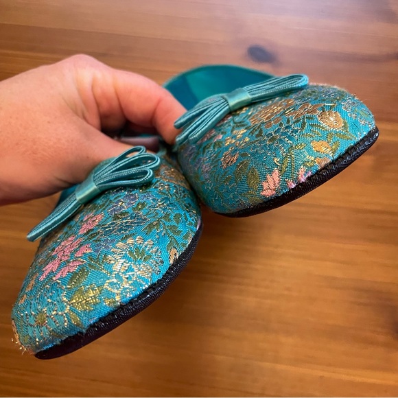 Vintage Daniel Green Teal Floral Brocade Comfy House Slippers - Size 6.5 / 7 - Picture 10 of 10